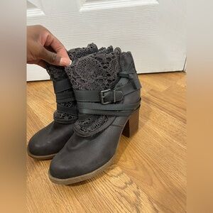 Sugar Puzzled crochet lace-up ankle boots in grey.